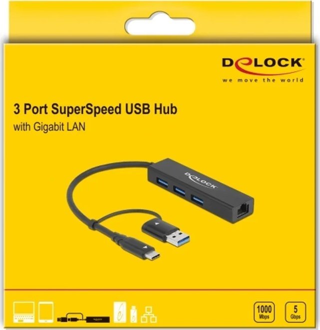 Hub USB DeLOCK 3 Port USB 3.2 Gen 1, Gigabit LAN, USB Type C dhe USB Type A, gri metalik