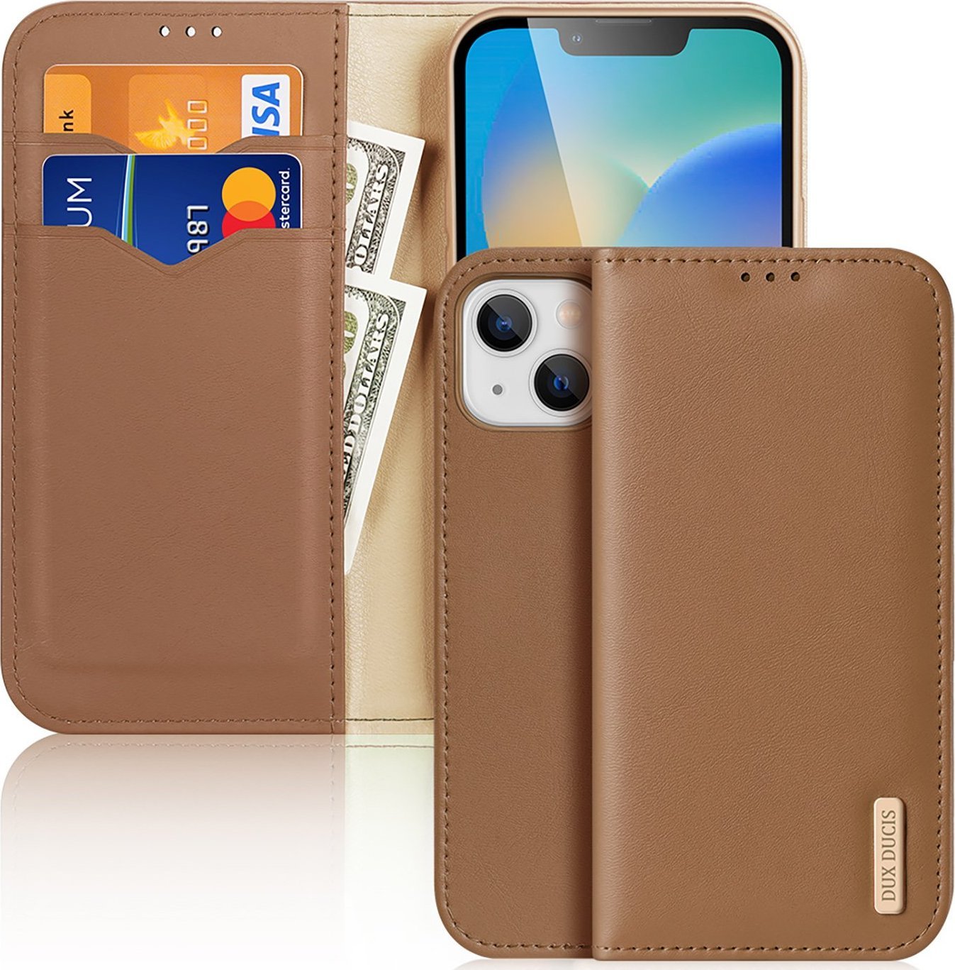 Këllëf me kapak Dux Ducis Hivo për iPhone 14 Plus, lëkurë natyrale, me xhepa për karta, kafe