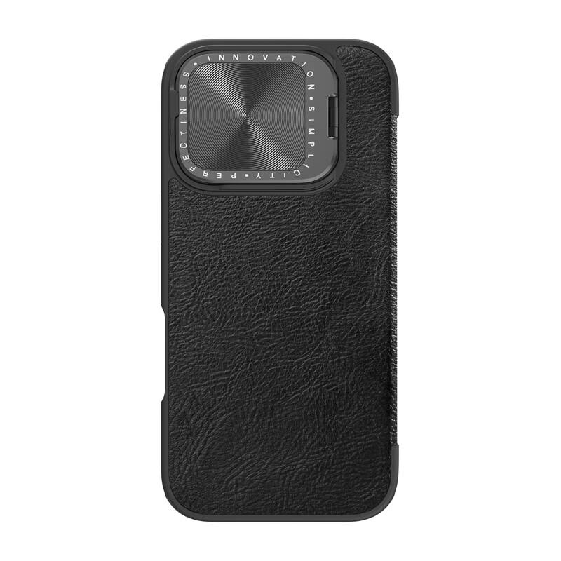 Mbulesë telefoni Nillkin Leather për iPhone 16 Pro Max, flipcase lëkure, mbrojtje me kapak kamere, e zezë