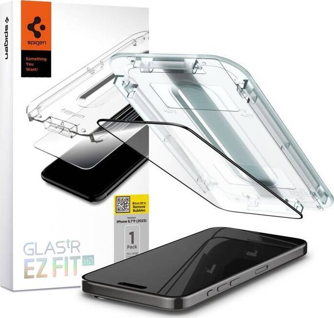 Xham i mbrojtjes Spigen Glas.tR EZ Fit për iPhone 15 Pro, i zi