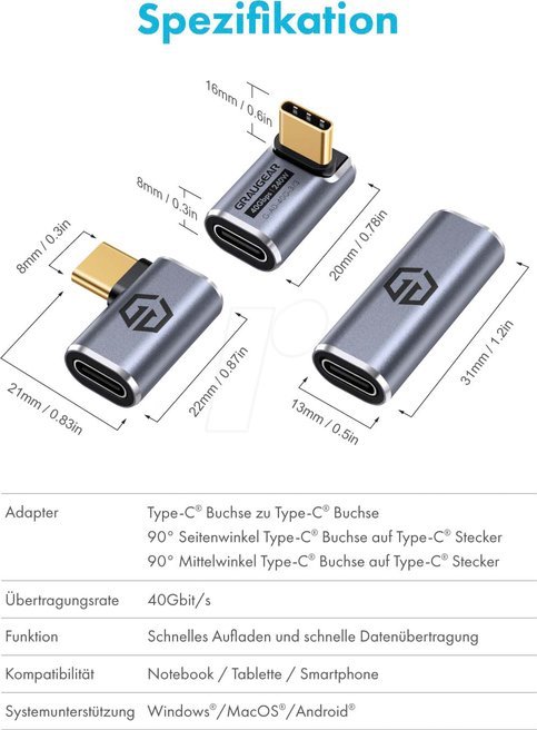 Adapter USB C GrauGear G AD 40G 3, 40 Gbps, set 3 copë, gri
