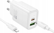 Karikues muri Hoco USB A Type C, PD QC3.0 3A, me kabllo Type C në Lightning, i bardhë