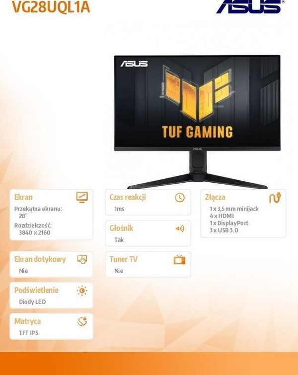 Monitor ASUS TUF Gaming VG28UQL1A, 28", 144 Hz, 3840 x 2160 (UHD 4K), IPS, i zi