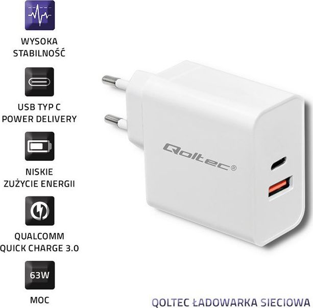Karikues muri Qoltec 51715, 63W, USB Type C Power Delivery, i bardhë