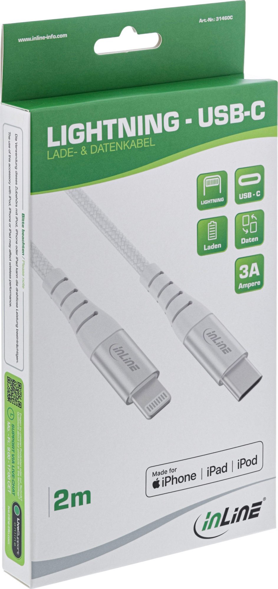 Kабел USB-C во Лајтнинг InLine, 1m, MFi, сребрен