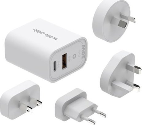 Karikues udhëtimi Mobile Origin MO14, GaN 30W, presa EU USA UK AUS, i bardhë