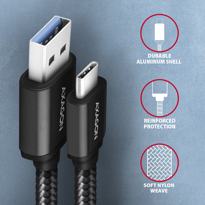 Kabllo AXAGON USB-A - USB-C SPEED USB3.2 Gen 1, 3A, 2m, e zezë