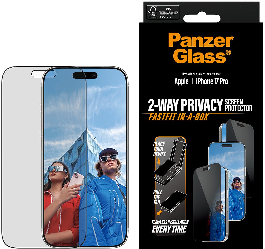 Mbrojtëse ekrani PanzerGlass Privacy, për iPhone 17 Pro, Ultra Wide Fit, me kornizë të zezë