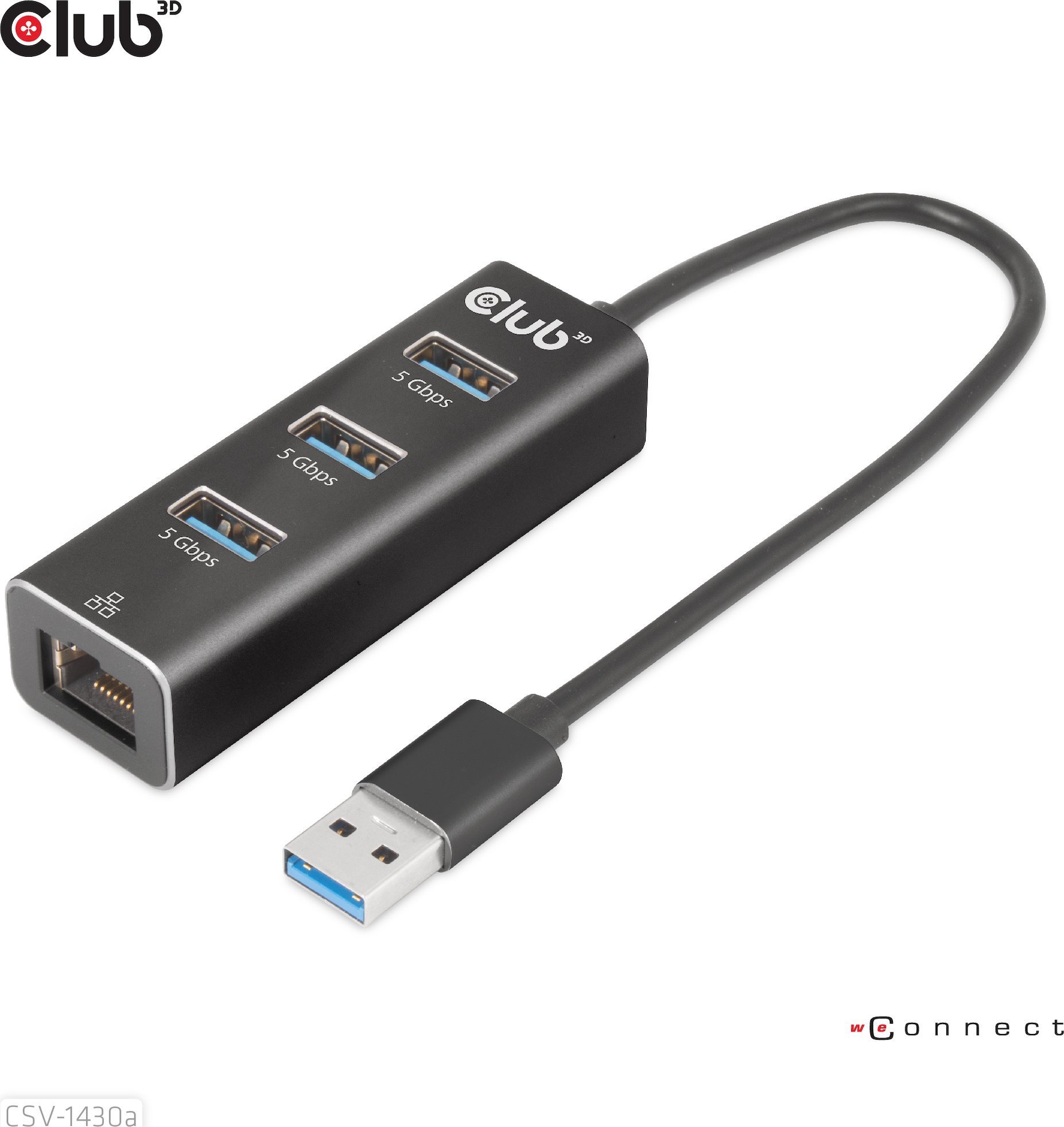 Splitter USB Club 3D CSV-1430a, USB-A 3.2 Gen1 në 3x USB 3.1, Gigabit Ethernet, i zi