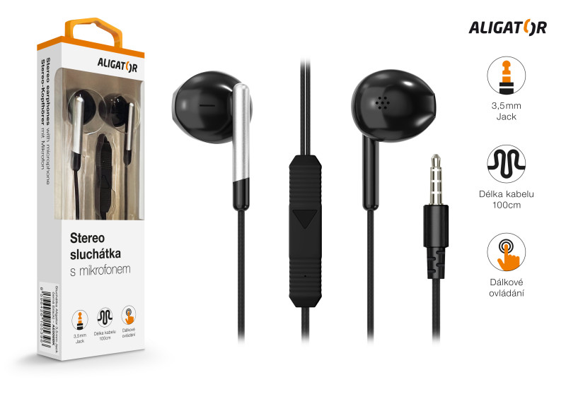 Kufje stereo Aligator AE008, me kabllo 3,5 mm dhe mikrofon, e zezë
