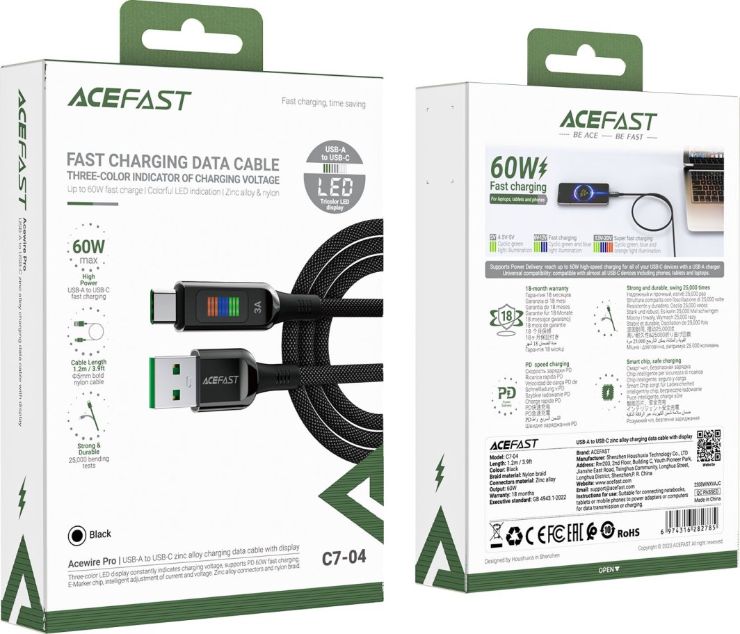 Kabllo karikimi Acefast C7-04 USB A në USB C, 60W, 1.2m, me ekran, e zezë
