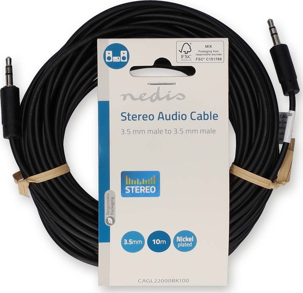 Kabllo audio stereo Nedis, 3.5 mm mashkull në 3.5 mm mashkull, 10 m, e zezë