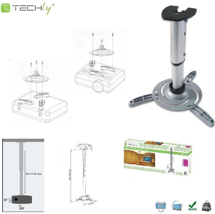 Kllapë tavanore projektori Techly 301566, 60-120 cm, deri 15 kg, argjend