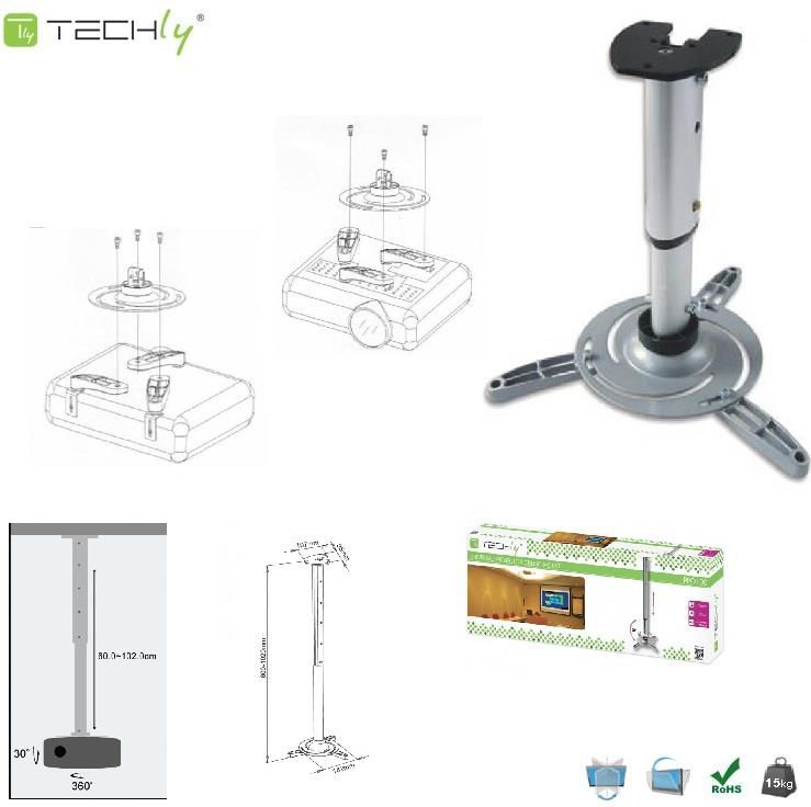 Kllapë tavanore projektori Techly 301566, 60-120 cm, deri 15 kg, argjend