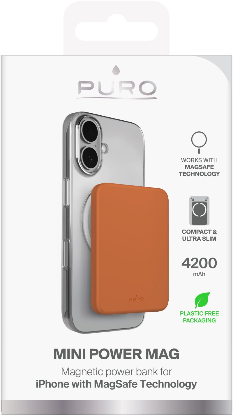 Powerbank Puro Mini Mag 4200mAh, MagSafe, USB C, portokalli