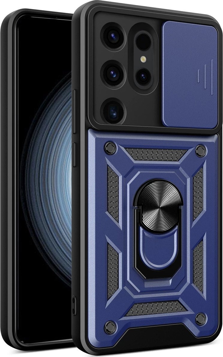 Mbulesë telefoni Camshield Hybrid Armor për Samsung Galaxy S24 Ultra, me kapak kamere, me unazë metalike, blu