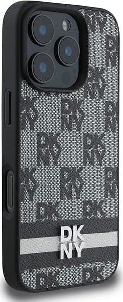 Mbulesë telefoni DKNY PU Leather Checkered për iPhone 16 Pro Max, model me vija, e zezë