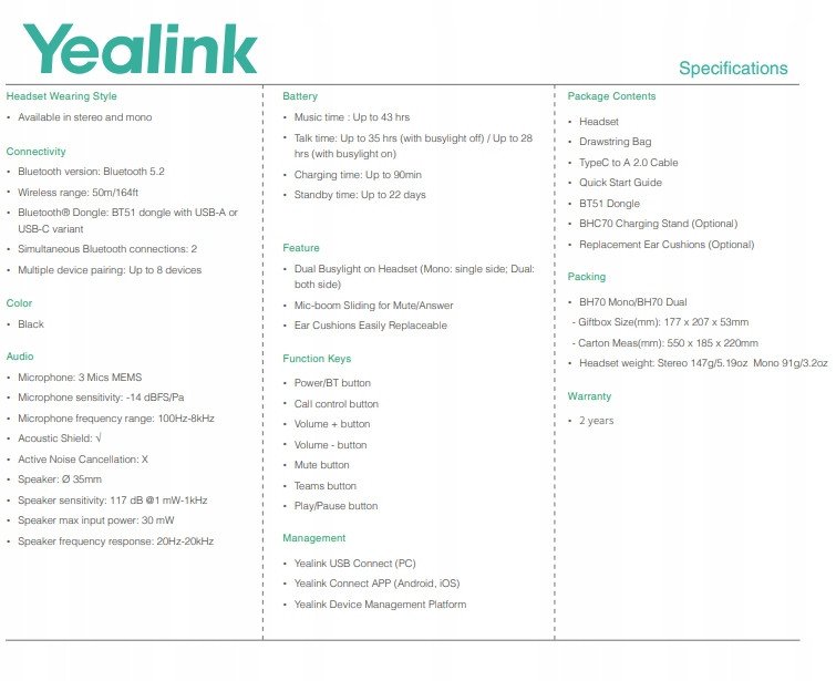 Kufje Bluetooth Yealink BH70 Mono me stand, Teams, USB-C A, të zeza