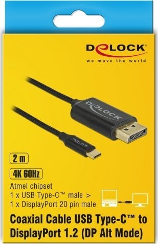 Kabllo USB C në DisplayPort Delock, 2 m, 4K 60 Hz, e zezë