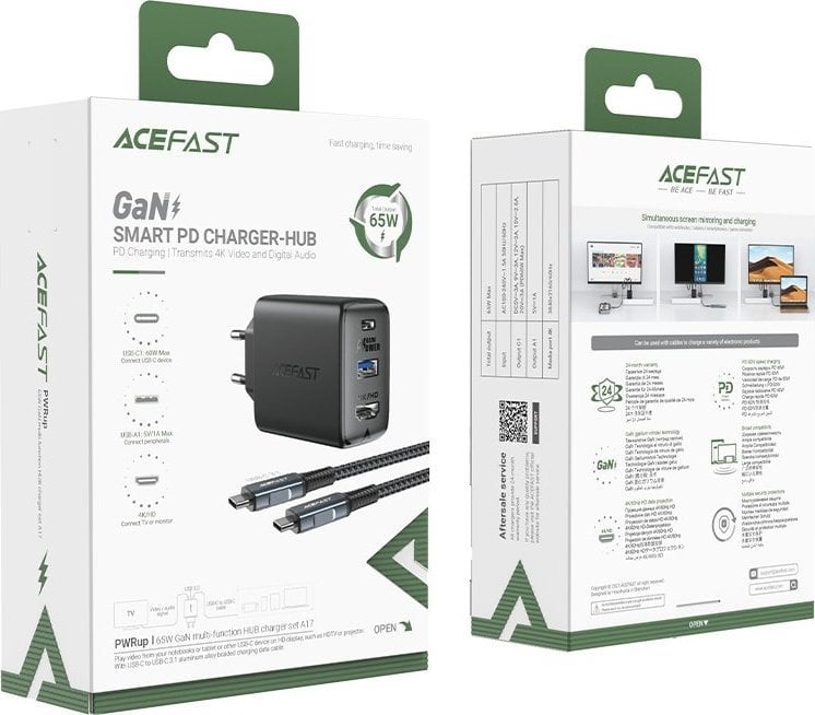 Karikues Acefast 2in1 GaN, 65W, USB A dhe USB C, gri