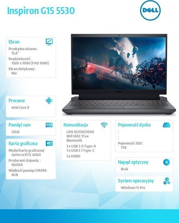 Laptop Dell Inspiron G15 5530, 15.6", Intel Core i7-13650HX, 32GB RAM, 1TB SSD, Nvidia GeForce RTX 4060