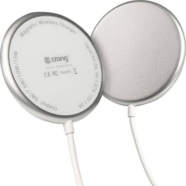 Karikues wireless Crong Inductive Charger CRG-MS15W-SLV, 15W, USB-C, argjendtë