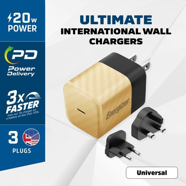 Karikues muri Energizer Ultimate, USB C 20W PD GaN, adapter EU UK US, ngjyrë ari