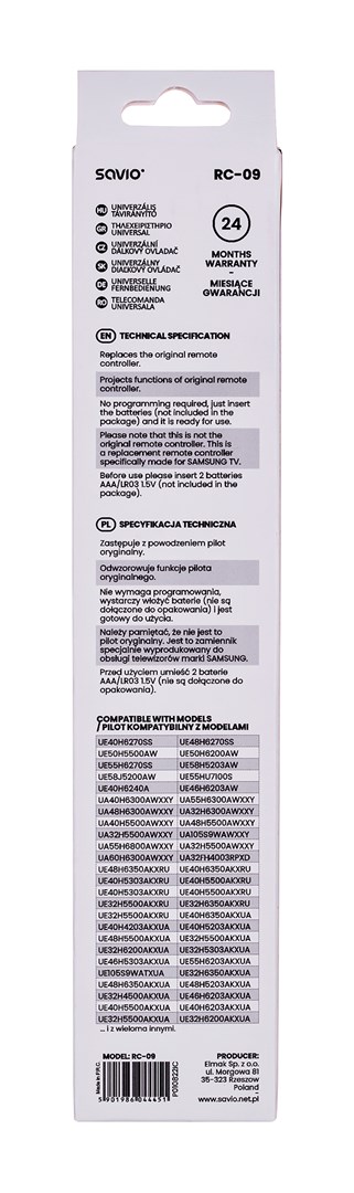Pilot universal Savio RC-09, për Samsung Smart TV, me infrakuq, i zi