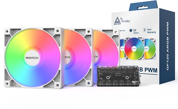 Ventilator kase Montech GF120 ARGB PWM, set 3x120mm, me fan hub, i bardhë