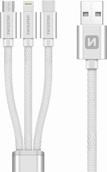 Kabllo karikimi Swissten Textile 3in1 MFi, 1.2m, Sync & Charge, e bardhë