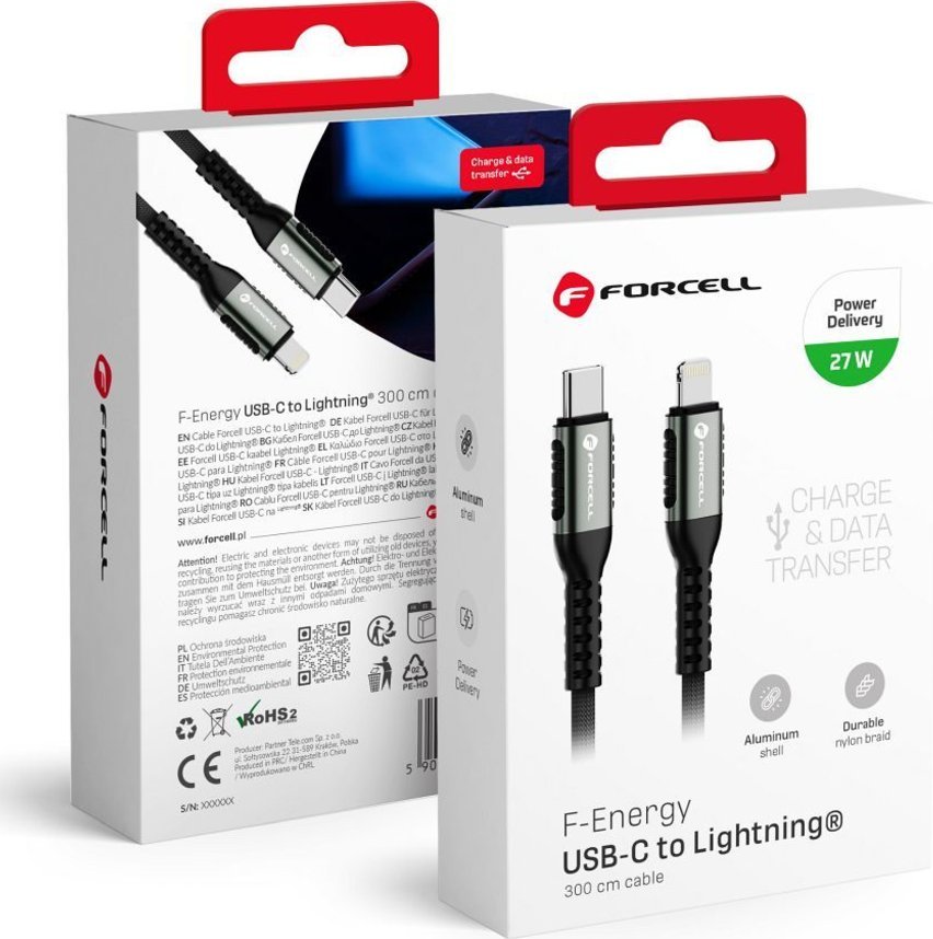 Kabllo USB Forcell F-ENERGY C259, Type C në Lightning, 3m, 27W, e zezë