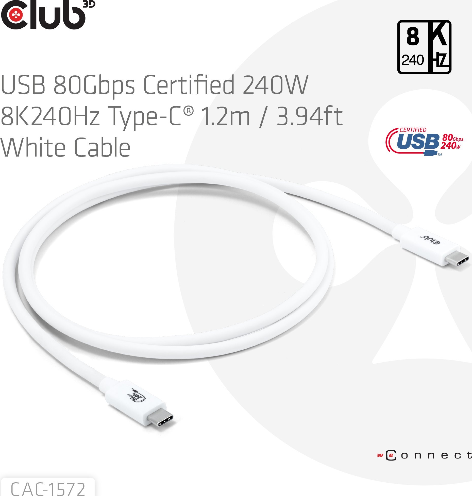 Kabllo USB C Club3D CAC-1588, 1.2m, 80Gbps, 240W, e bardhë