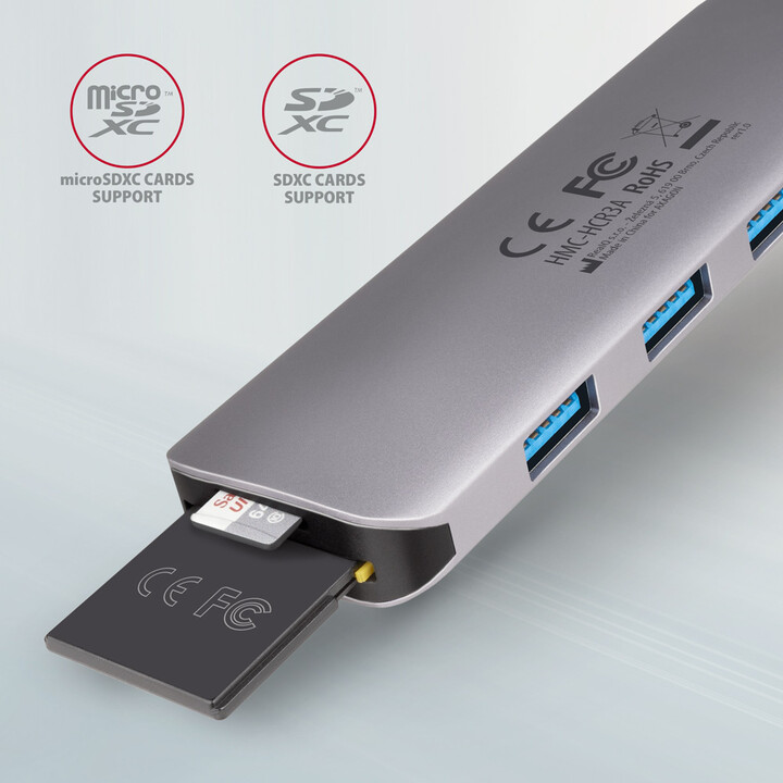 Hub shumëfunksional AXAGON HUB 6në1 USB 3.2 Gen 1, 3x USB-A, HDMI, SD/microSD, PD 100W, kabllo USB-C 20cm