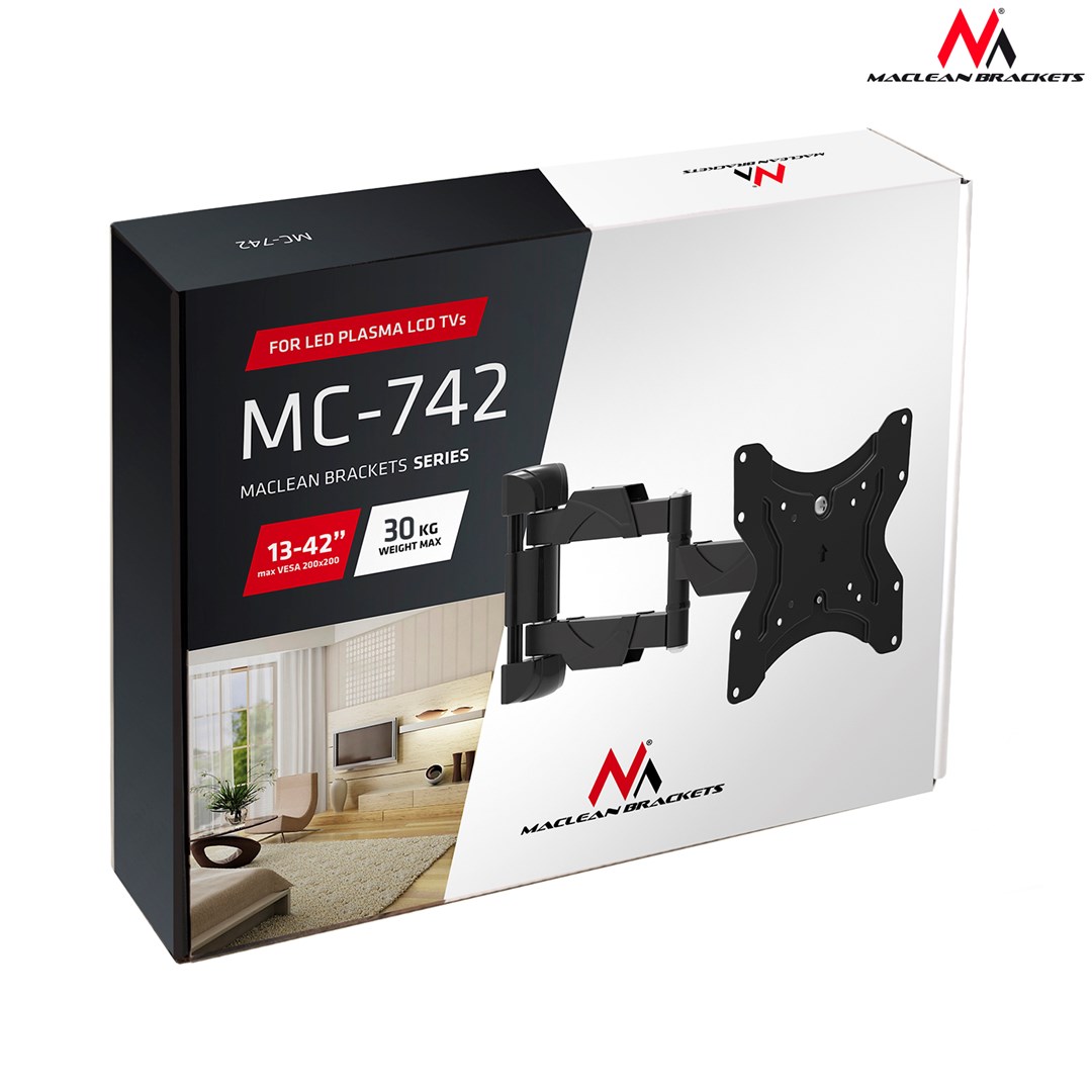 Mbajtëse muri për TV Maclean MC-742, 13-42", VESA 200x200, 30kg, e zezë