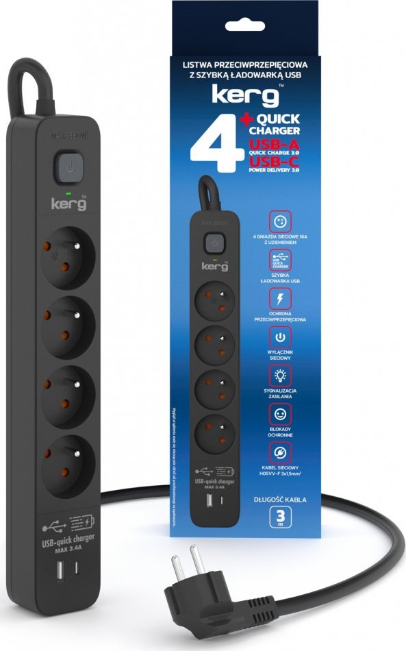 Shirit elektrik Kerg, 4 dalje, 3m, me USB, i zi