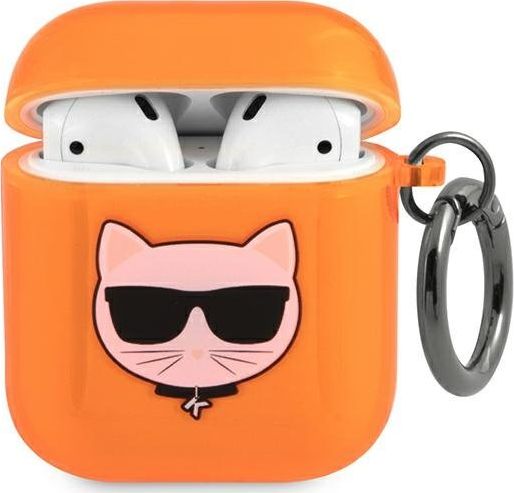 Mbulesë mbrojtëse Karl Lagerfeld KLA2UCHFO Choupette për AirPods 1/2, TPU, me kapëse, portokalli fluo