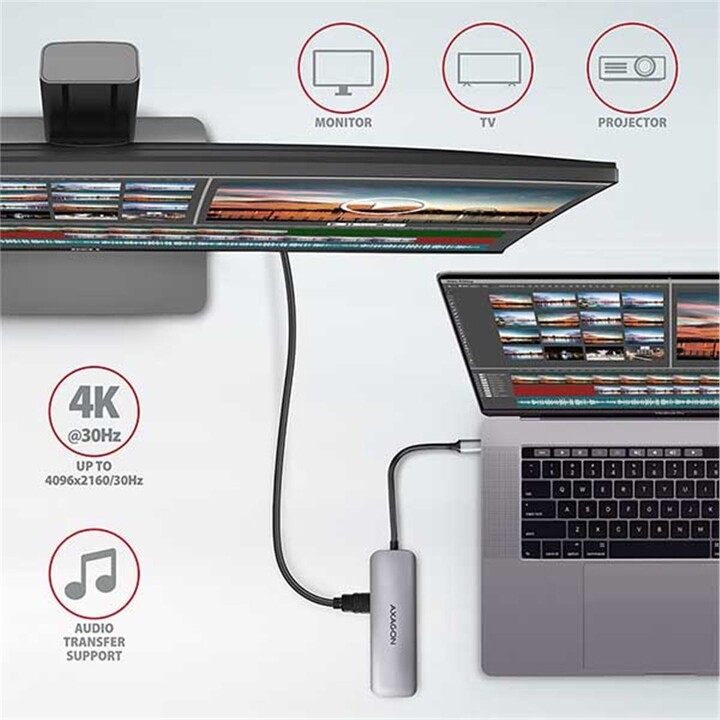 Hub multifunksional AXAGON, USB 3.2 Gen1, 2x USB-A, HDMI, SD / microSD, PD 100W