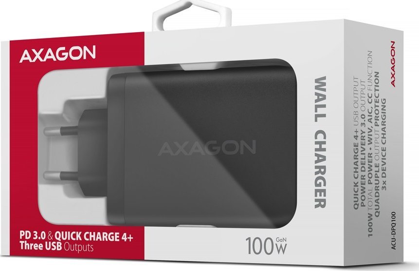 Karikues Axagon ACU-DPQ100, GaN 100W, 3 porta USB, i zi