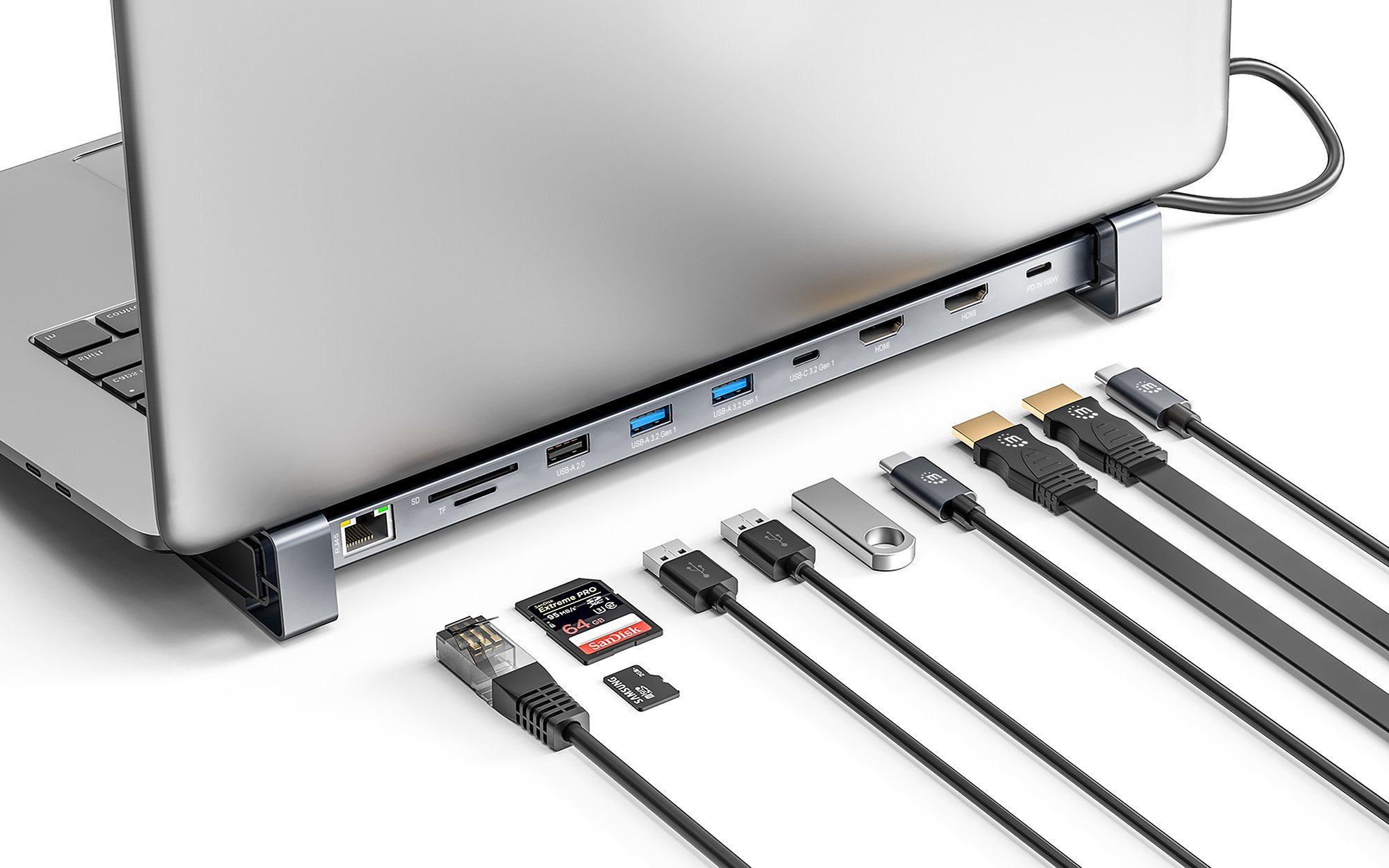 Dock USB C Manhattan 7 porta, 2x HDMI 4K 60Hz, Ethernet Gigabit, gri