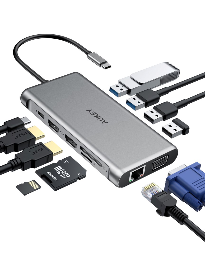 USB Hub Aukey CB-C78, 12-në-1, 5000 Mbit/s, RJ45, USB-C, i argjendtë