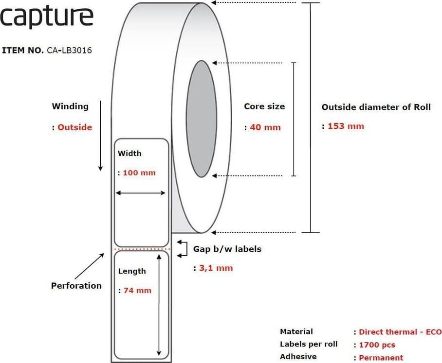 Rripa etiketash Capture CA-LB3016, 100x74mm, bërthamë 40mm, të bardha