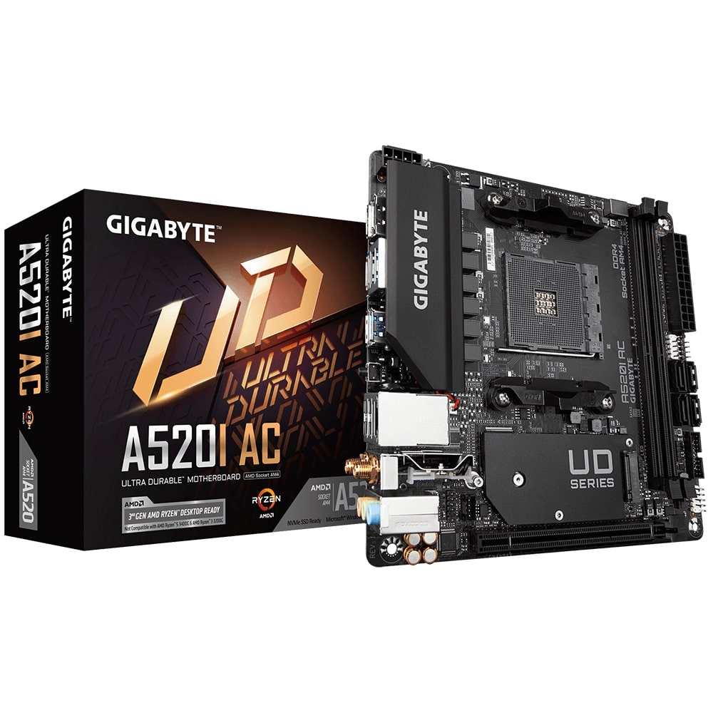 Pllakë amë Gigabyte A520I AC, Mini-ITX, AM4, DDR4, Wi-Fi, e zezë