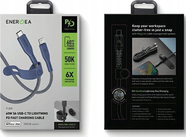 Kabllo karikimi Energea Flow, USB C në Lightning, 1.5m, 60W, blu