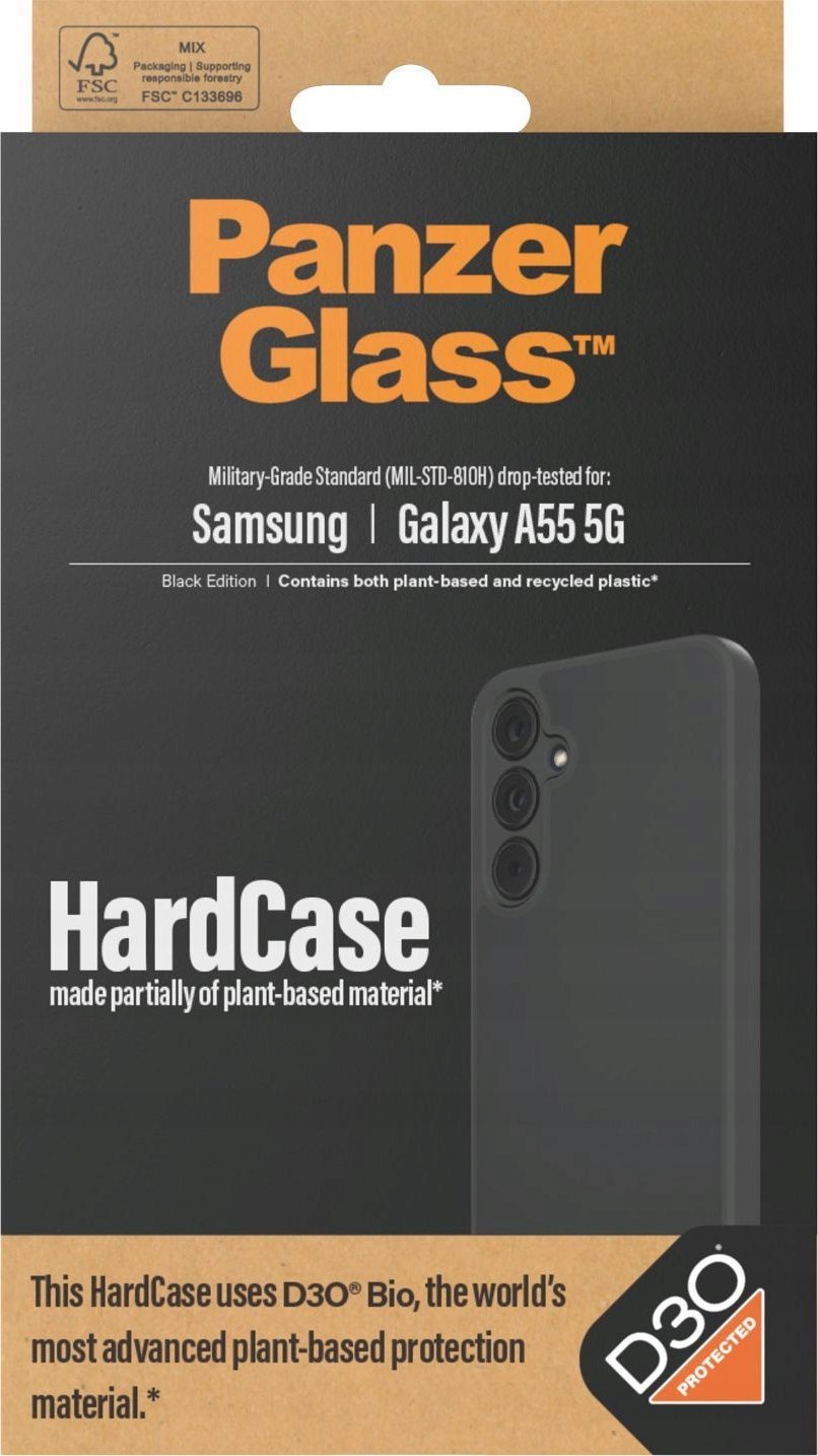 Kuti mbrojtëse PanzerGlass HardCase D3O për Samsung Galaxy A55 5G, plastike e ricikluar, e zezë