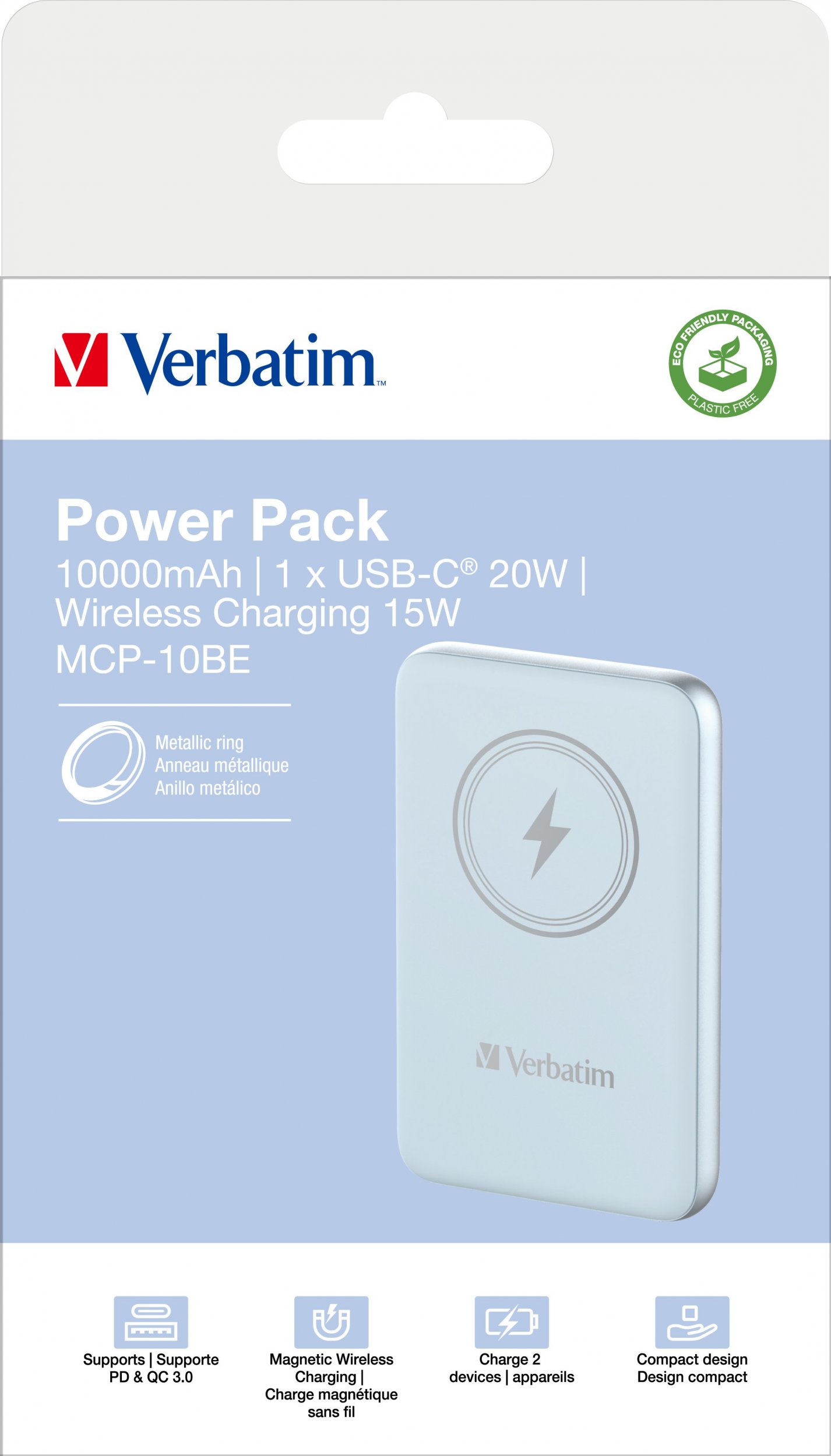 Power bank pa tel Verbatim Charge n Go, 10000mAh, karikim magnetik, blu