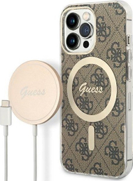 Set aksesorësh Guess GUBPP13LH4EACSW, futrollë MagSafe për iPhone 13 Pro, karikues wireless, kafe