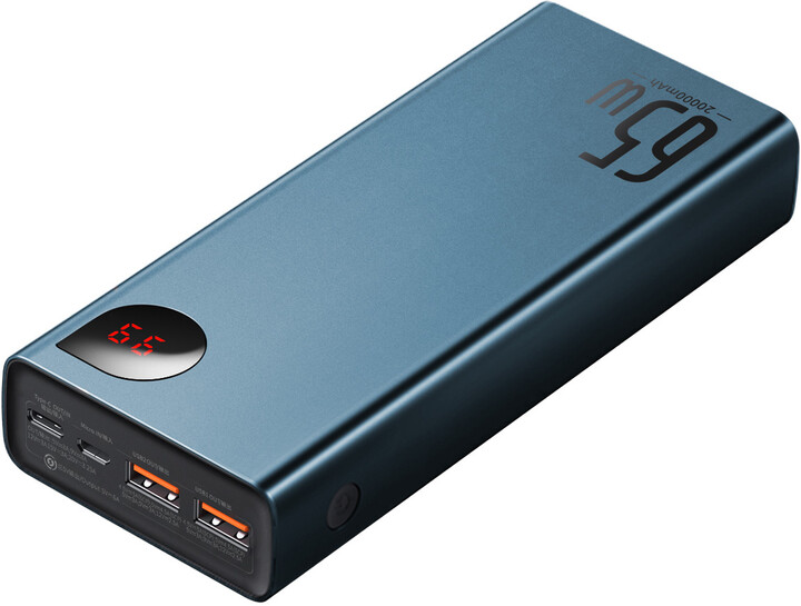 Powerbank me ekran dixhital Baseus Adaman Metal QC + PD, 20000mAh, 65W, i kaltër + kabllo USB-A/USB-C, 30cm, e zezë