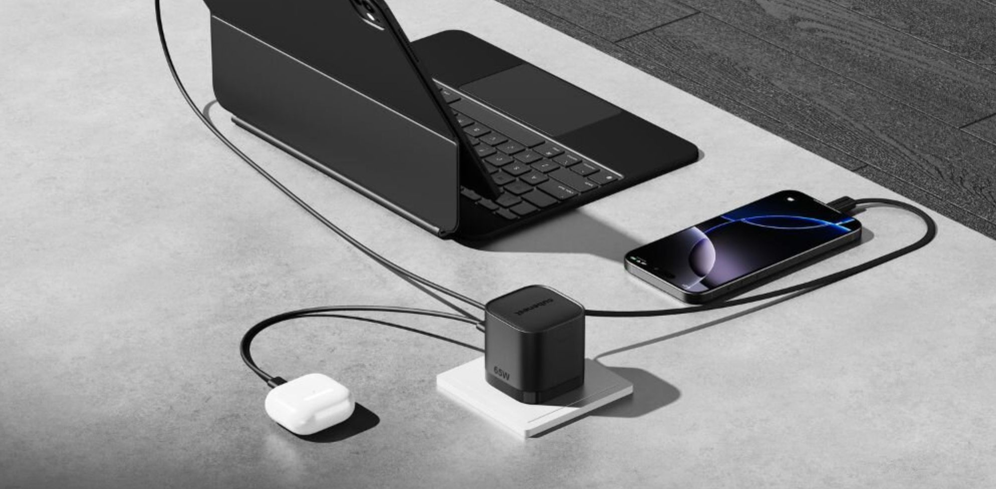 Полнач Cubenest S3D2 PD GaN, 65W, со USB C кабел, црн