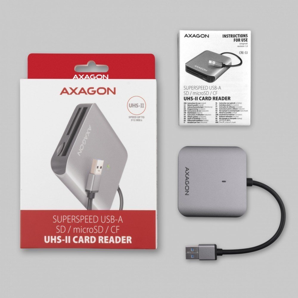 Lexues kartash Axagon CRE-S3, USB-A 3.2 Gen 1, 3 slote SD microSD CF, gri