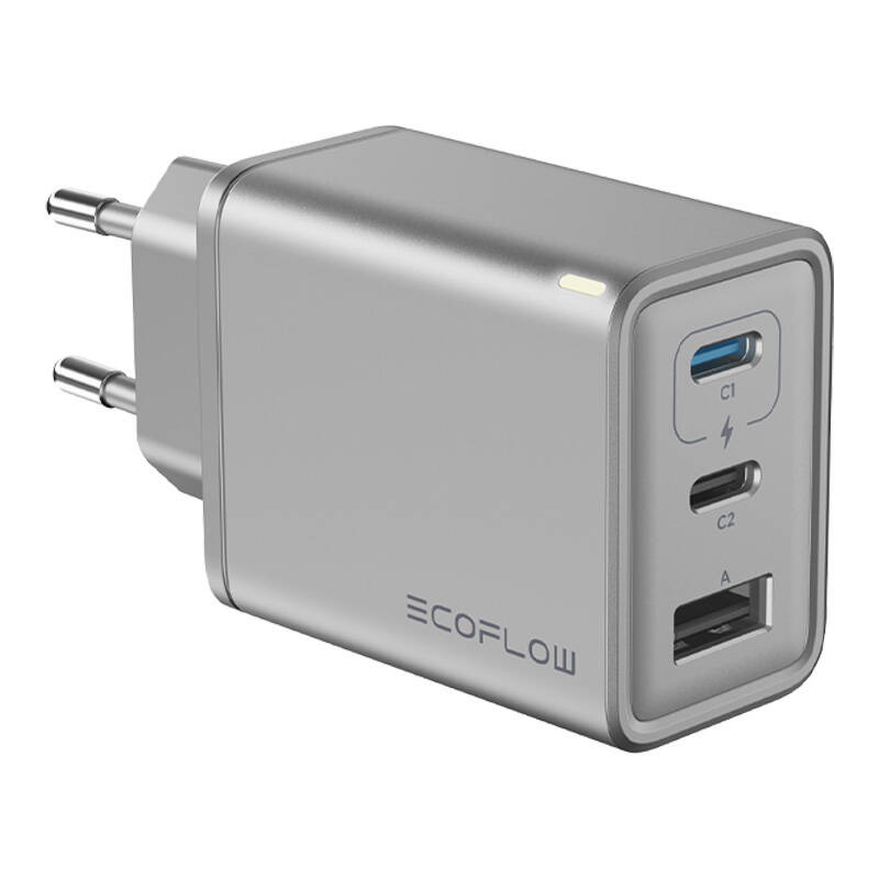Karikues murale EcoFlow 65W GaN, 3 porta USB, me kabllo USB C, argjendtë